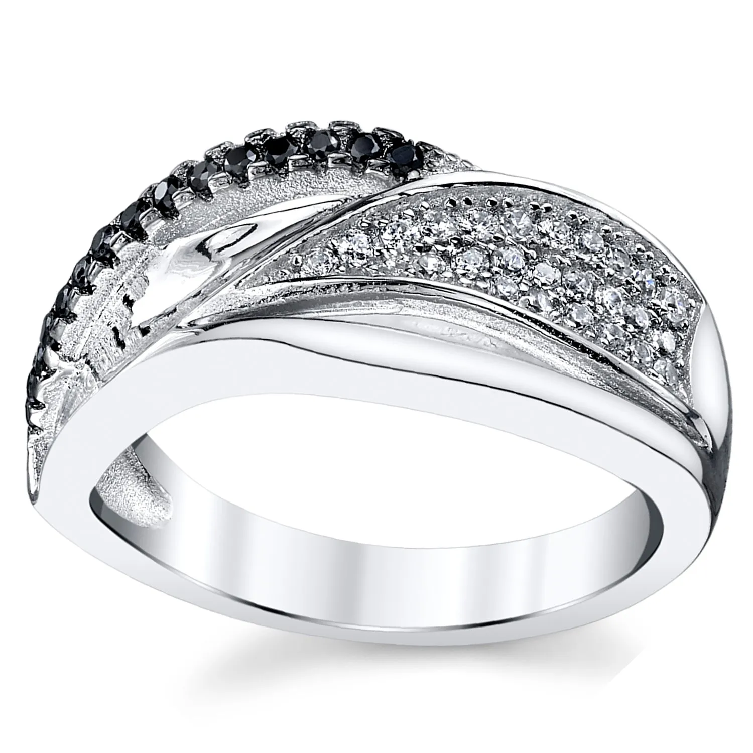 Women's Sterling Silver Black White Cubic Zirconia Right HRing Sizes 5-9