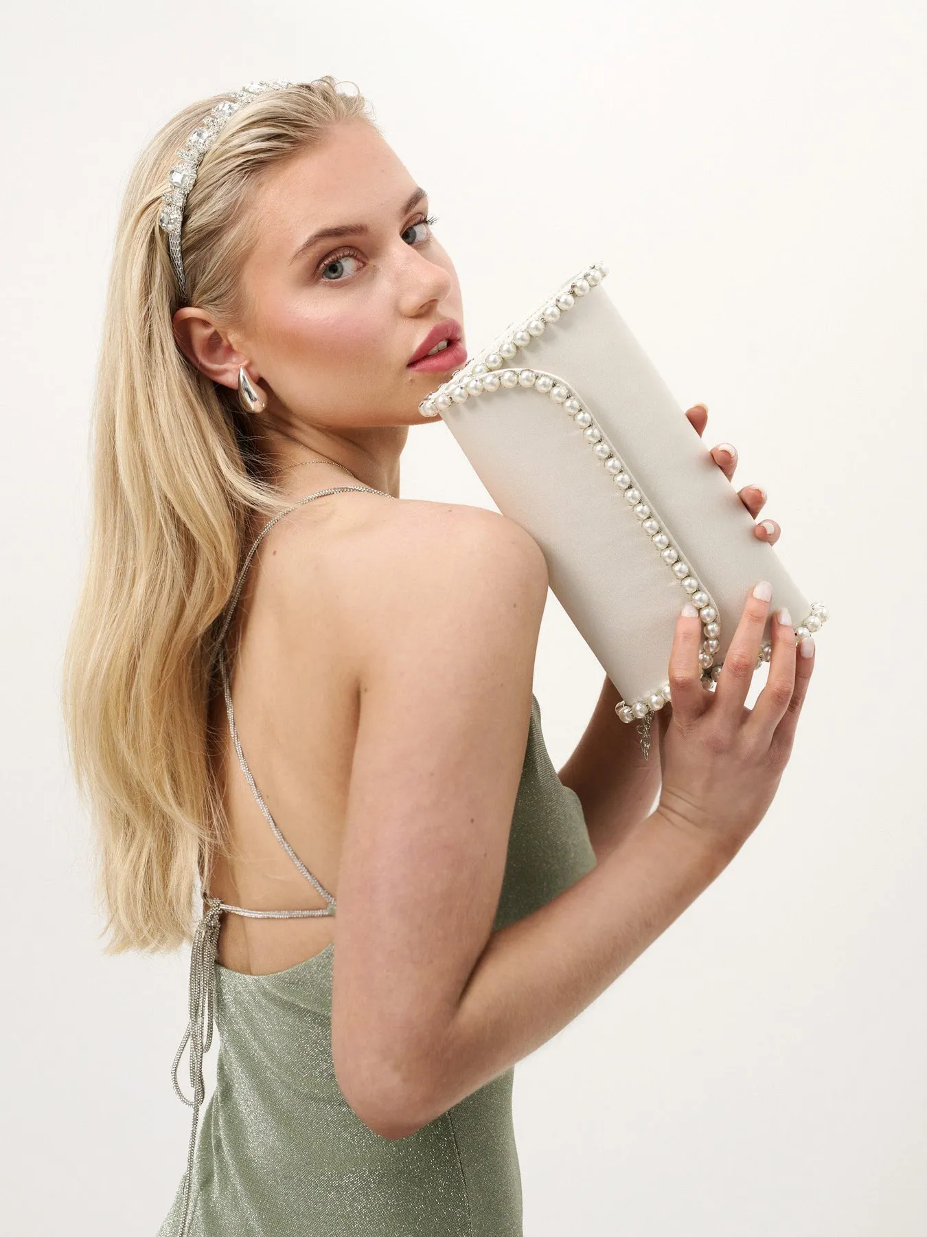 Yvette Pearl Trim Clutch Bag in White